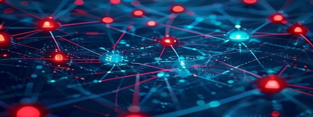Abstract visualisation of npm supply chain attack showing interconnected package dependencies under threat