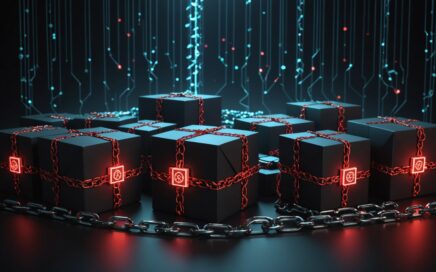 Illustration of a Rust crate supply chain attack showing compromised code packages and developer systems