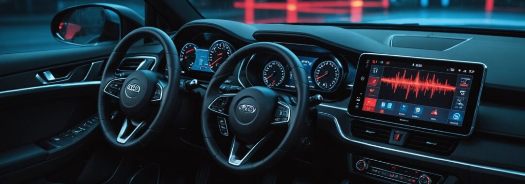 Android car head unit malware infection warning displayed on vehicle infotainment screen