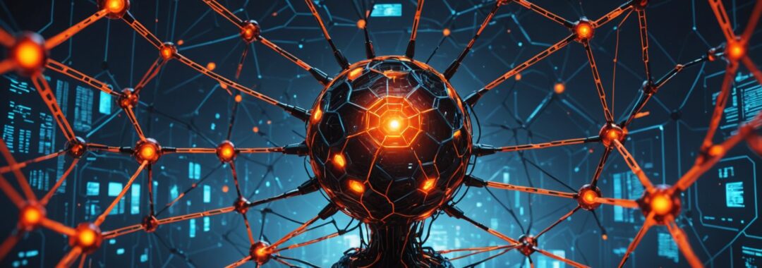 AI-powered malware concept showing interconnected neural network nodes representing autonomous hive mind cyber threat