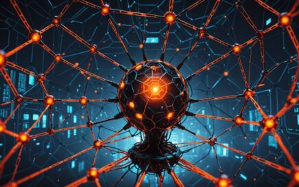 AI-powered malware concept showing interconnected neural network nodes representing autonomous hive mind cyber threat