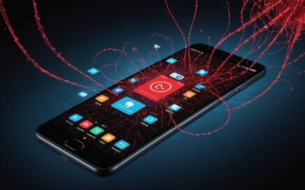 Smartphone displaying targeted advertisements with zero-click spyware infection warning overlay
