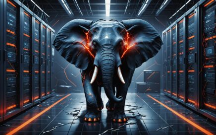 Critical PHP vulnerability warning symbol with server infrastructure and security shield icons